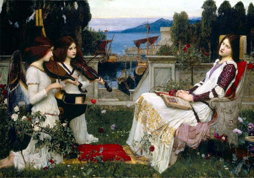 event image:Detail of a painting, two women playing music and another in an armchair listening